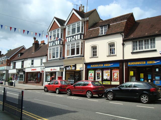 Shops along Reigate High Street, where Giggling Squid is located